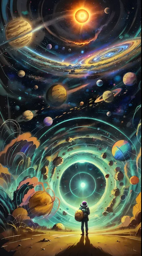 person, standing in front of a space portal overlooking the sun, Cyril Rolando and Goro Fujita, A portal to another universe, inspired by Cyril Rolando, Portal to another dimension, world, visible only through the portal, high quality fantasy stock photo, ...