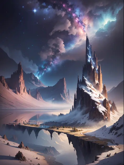 Starry Sky with Mountains and Lake, Jessica Rossier, Inspired by Jessica Rossier, Jessica Rossier Fantasy Art, Concept Art Magic Highlights, Official Artwork, Dream Painting, Ethereal Realm, Atmospheric artwork, dreamy matte paintings, serenas estrelas inf...