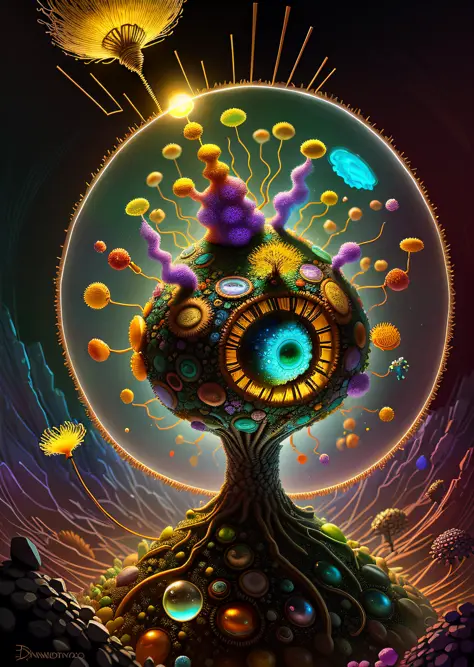 Elfin protozoa, surreal, dandelionwanderer, agate geodes, by Dan Mumford, , Dr. Seuss, WLOP, , dandelionseer, flowervirus, big eyes