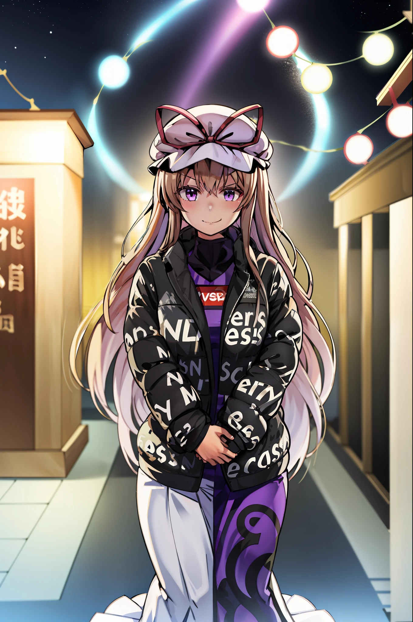 masterpiece, best_quality, 1girl, solo, yakumo yukari, shrine, night, flowing dress, blonde hair, mob cap, 
dripjacket
own hands together