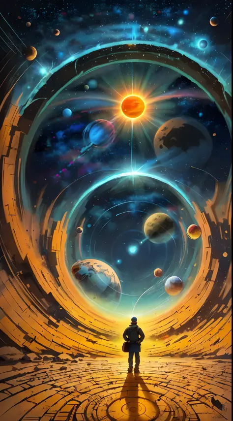 person, standing in front of a space portal overlooking the sun, Cyril Rolando and Goro Fujita, A portal to another universe, inspired by Cyril Rolando, Portal to another dimension, world, visible only through the portal, high quality fantasy stock photo, ...