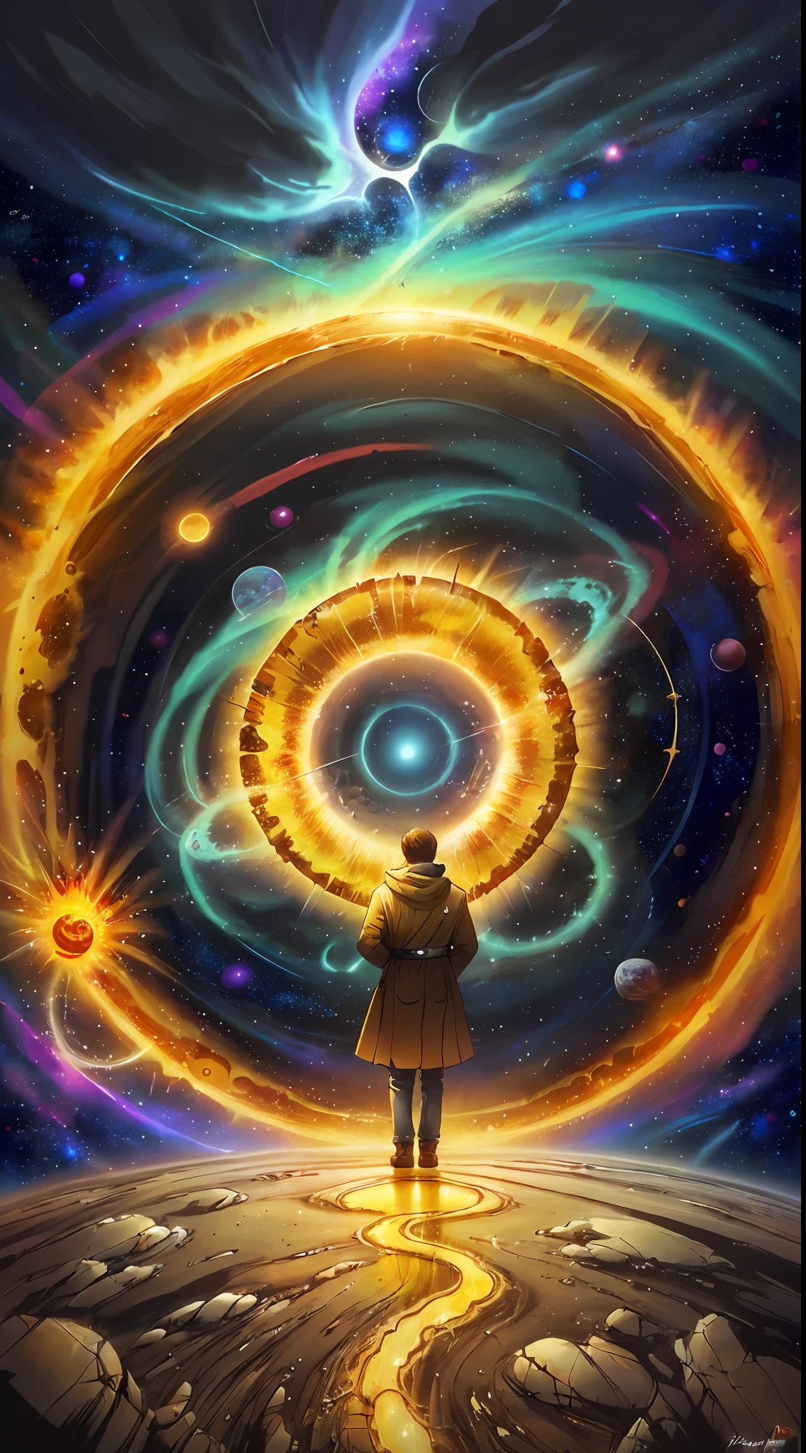 person, standing in front of a space portal overlooking the sun, Cyril Rolando and Goro Fujita, A portal to another universe, inspired by Cyril Rolando, Portal to another dimension, world, visible only through the portal, high quality fantasy stock photo, Portal to another world, Portal to outer space, in the style of Cyril Rolando,  Looking into space, universe, Magical Galactic Portal, The Cycle of the Stars, God