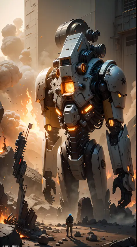 Science fiction，karo，back lit，There is a little boy standing next to a giant robot on the battlefield, Behind the robot is the fire of an explosion，Soldiers and mechs fight in the background, concept art octane render, wojtek fus, concept design art octane...