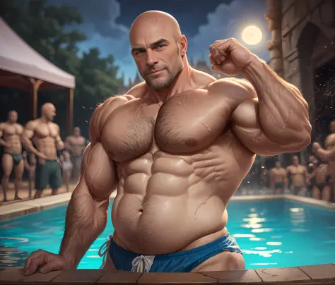 masterpiece, highest quality, (perfect face:1.1) , (high detail:1.1), dramatic, goodlooking old male triplets, breasts, bald head, stocky, large breasts, furry body, moon, see-through, night, thighs, navel, white speedo, bare shoulders, laced pelvic curtai...
