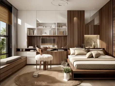 "(bedroom design)+[natural lighting:1.2], (walnut texture wood panel:1.1), minimalist, sleek, modern, (white acrylic panel:1.2), elegant ambiance, sophisticated, inviting atmosphere."