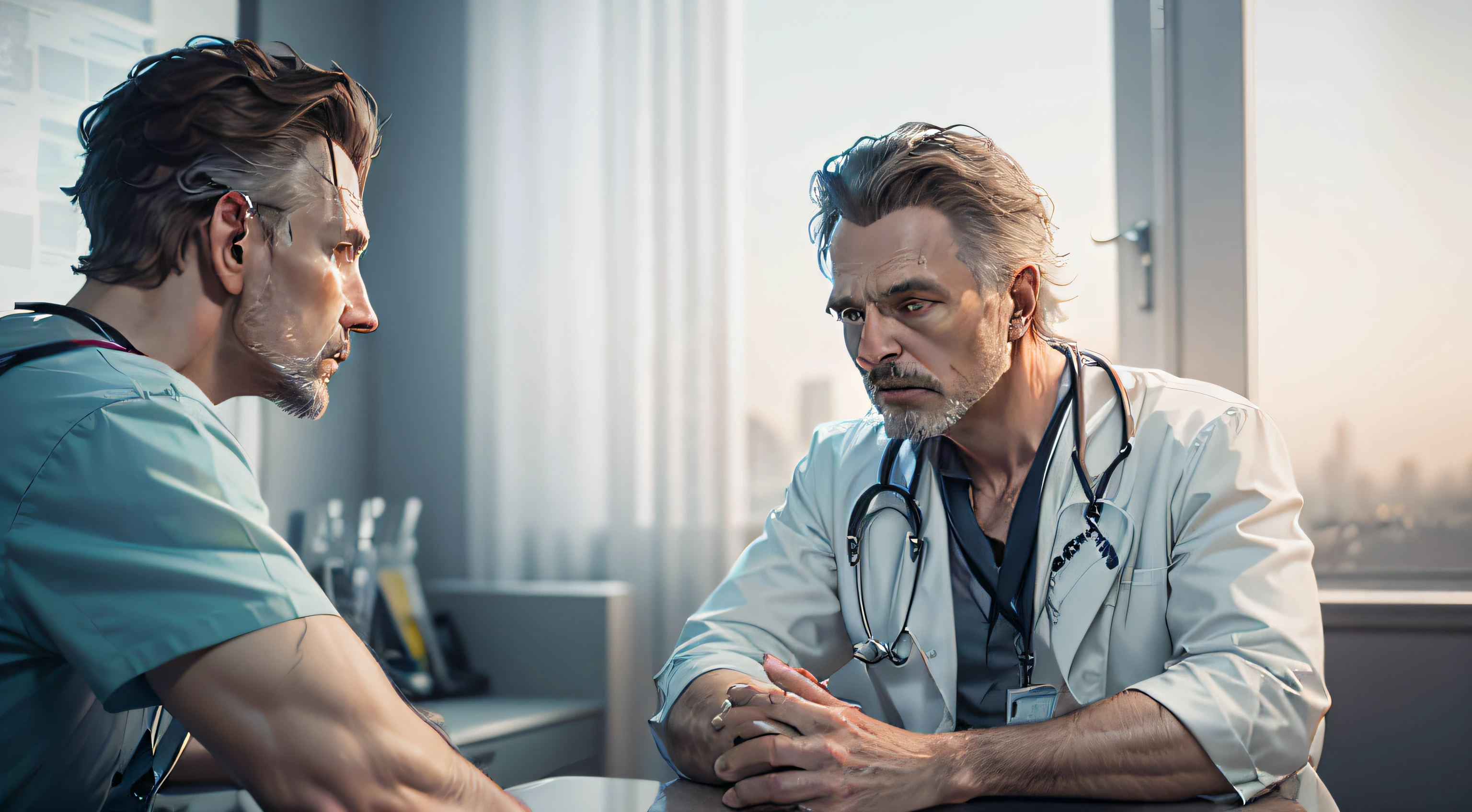 3 hombres en rehabilitación hablando con el doctor, Clinica Medica, hombre paciente, acostado en una cama, pelo oscuro, triste, hablando con el doctor, Tiro na Canon EOS R5, Tiro na Canon EOS R 5, foto cinematográfica realista, fotografía hiperrealista, ilustración 3d ultra realista, renderizado cinematográfico fotorrealista, Tiro em Sony A 7 III, Alexey Egorov, disparo cinematográfico al cuerpo --auto