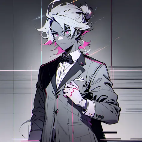 White hair,1boy, wearing a suit and tie,messy long man bun hairstyle, Surrealism, Conceptual art, anime style, drop shadow, imag...
