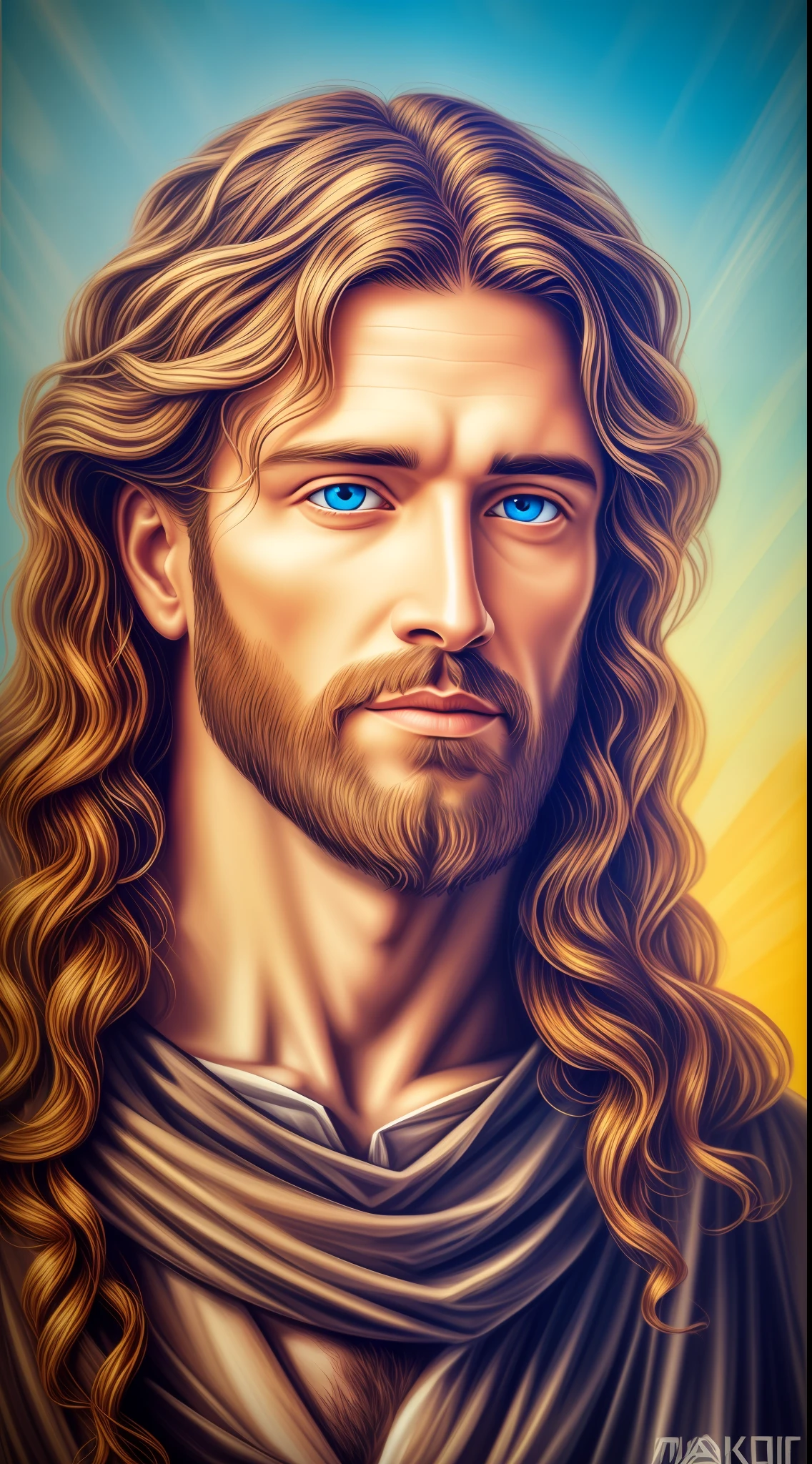 4k, Retrato en 8K de un hermoso Jesús , Jesucristo, real blue eyes, día soleado, detalles intrincados.
