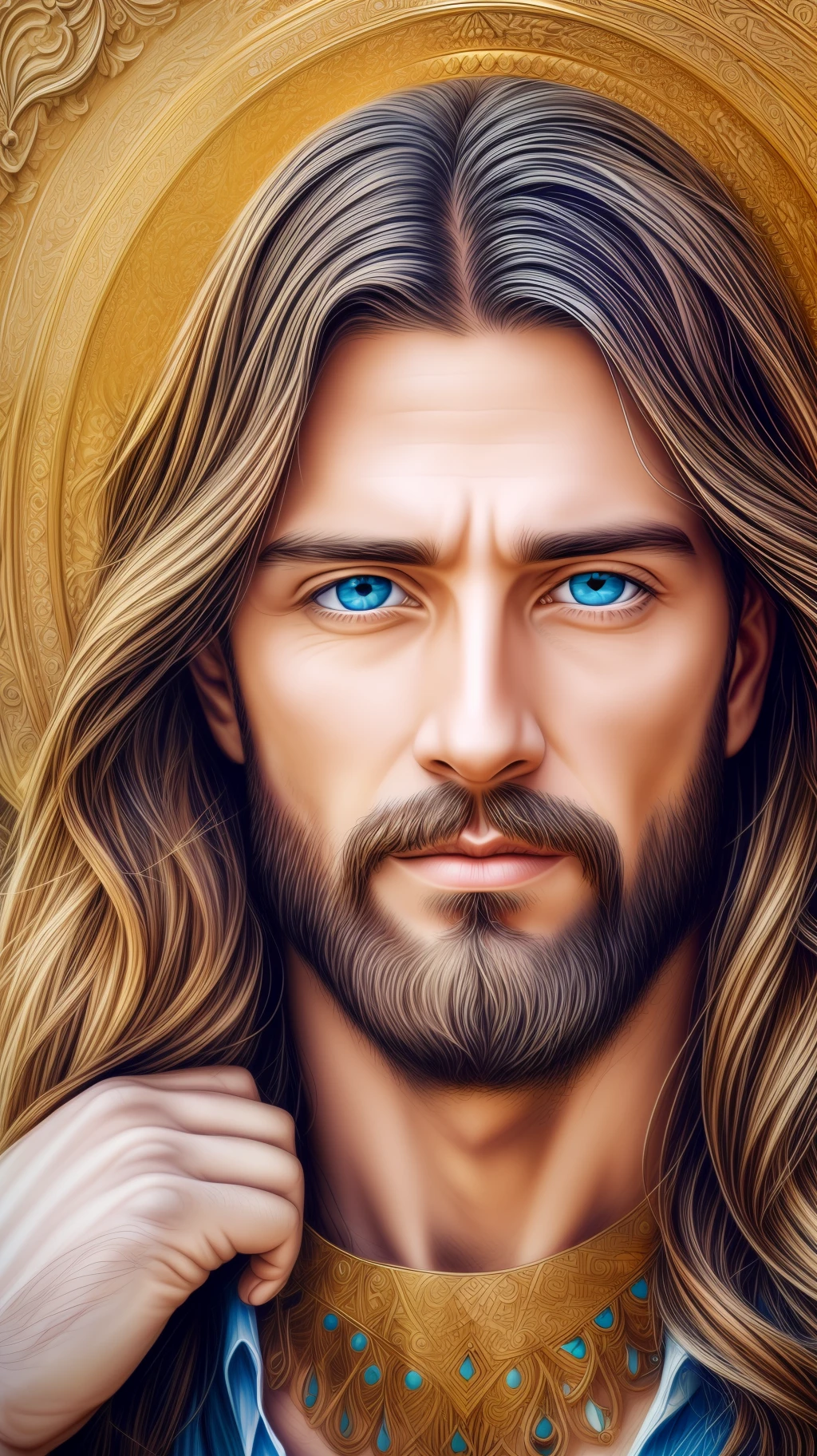 A painting of jesus with long hair and blue eyes - SeaArt AI