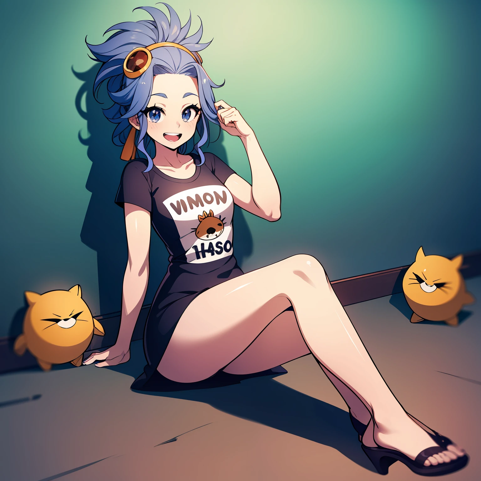 Masterpiece artwork, best qualityer, 独奏, 1girl, levy macgarden, cloused mouth, ssmile, t-shirt black, dress black,  the eyes, small hips. in sitting, legs crossed, lipstick, look at the viewer from above, dominant look, fly away
