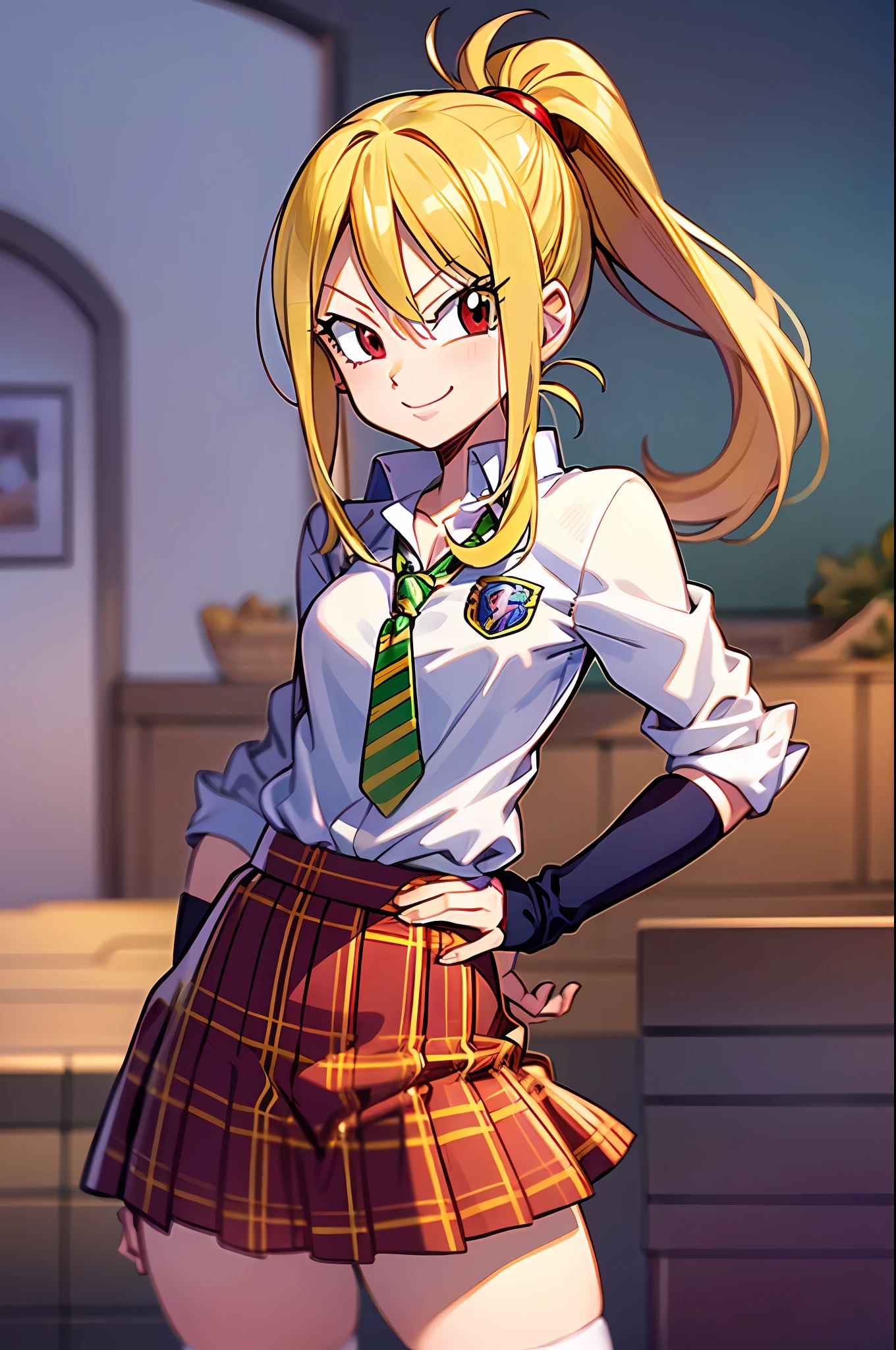 light smile, schoolgirl attire, white blouse with yellow jacket, green striped tie, red plaid skirt, red eyes and red hair in a twin ponytail, (style of dragon ball z and fairy tail anime), (illustrated by Akira Toriyama and Hiro Mashima), (style mixing), Lucy Heartfilia, Android18