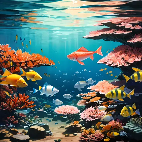 A deep ocean with schools of colorful fish and hyper-realistic shimmering corals, photographique --auto