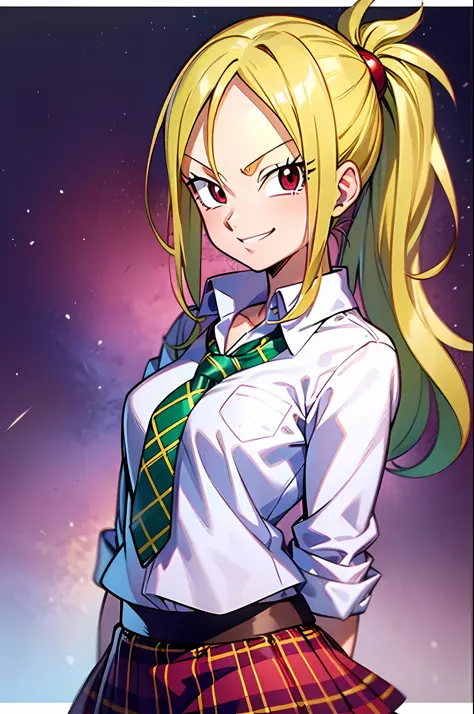 light smile, schoolgirl attire, white blouse with yellow jacket, green striped tie, red plaid skirt, red eyes and red hair in a twin ponytail, (style of dragon ball z and fairy tail anime), (illustrated by Akira Toriyama and Hiro Mashima), (style mixing), ...