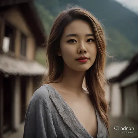 bae suzy con un vestido gris parada frente a una casa, cinematic portrait, retrato suave disparado 8k, hermosa joven coreana, ci...