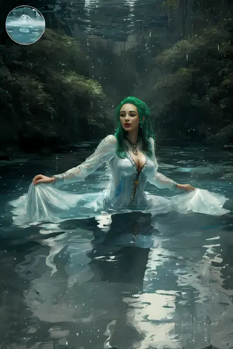 A green-haired woman is standing in the river, nymph in the water, photoshoot rainha dos oceanos, in the water up to your shoulders, fantasy photo essay, usando uma roupa justa esverdeada, On the water, filmed cinematic goddess, a dazzling young ethereal f...