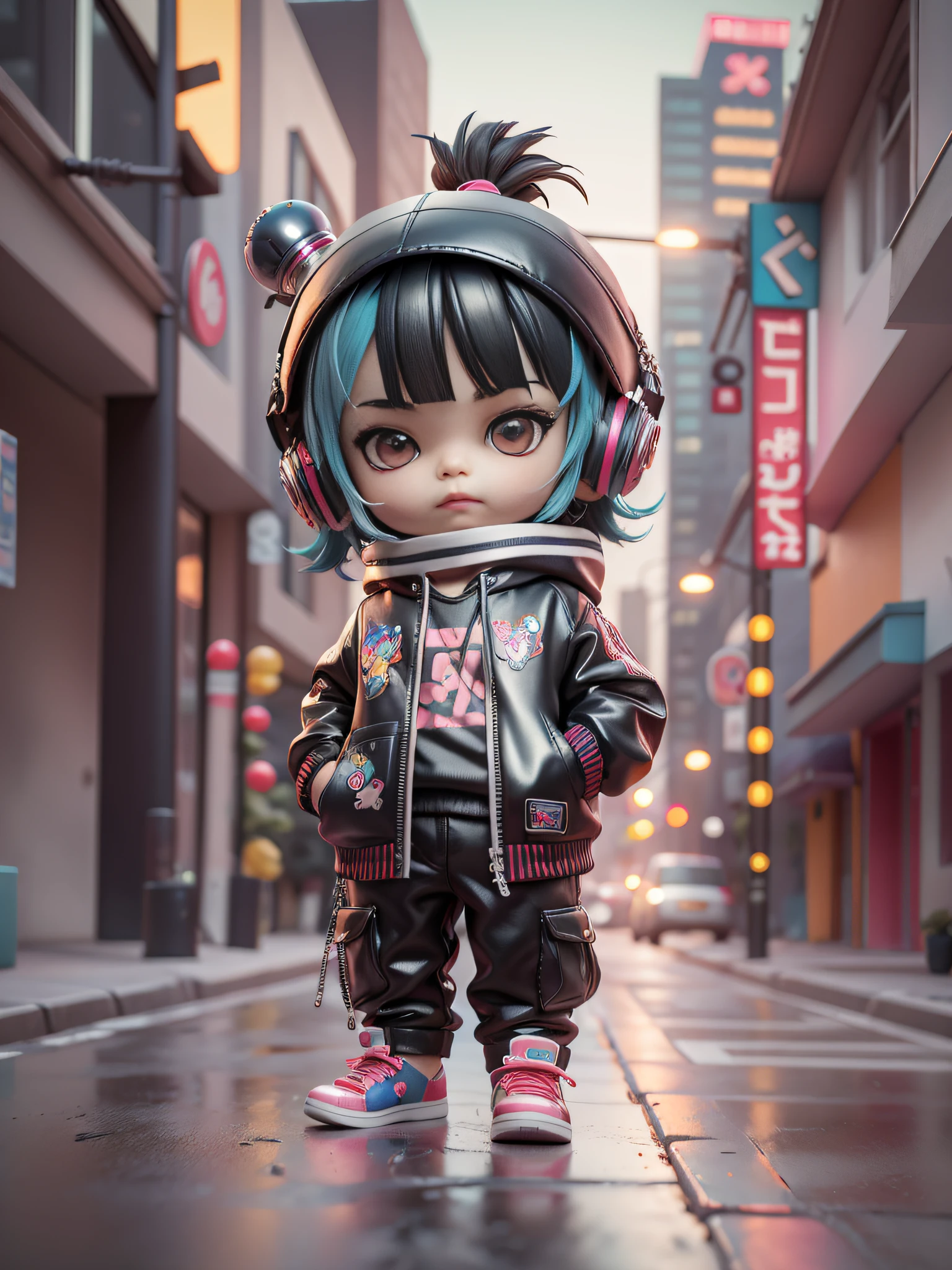 3d toy, 3d rendering, ip, cyberpunk style, chibi, cute little boy, mask, simple background, best quality, c4d, blender, 3D MODEL, TOYS, VIVID COLORS, STREET STYLE, HIGH RESOLUTION, A LOT OF DETAILS, PIXAR, CANDY COLORS, BIG SHOES, FASHION TRENDS, ART