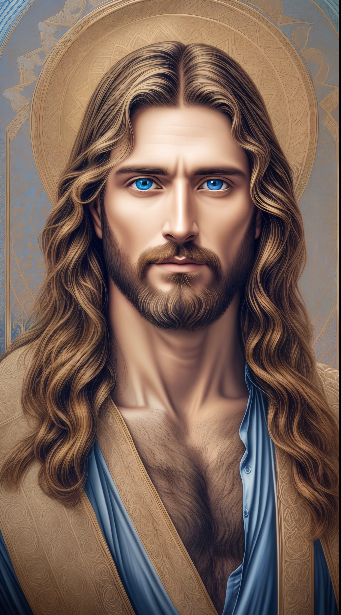 Porträt eines gutaussehenden Mannes, Jesus Christus, Echte blaue Augen, sonniger Tag, komplizierte Details. gerader Körper,  Ernstes Gesicht,  Jesus Herr