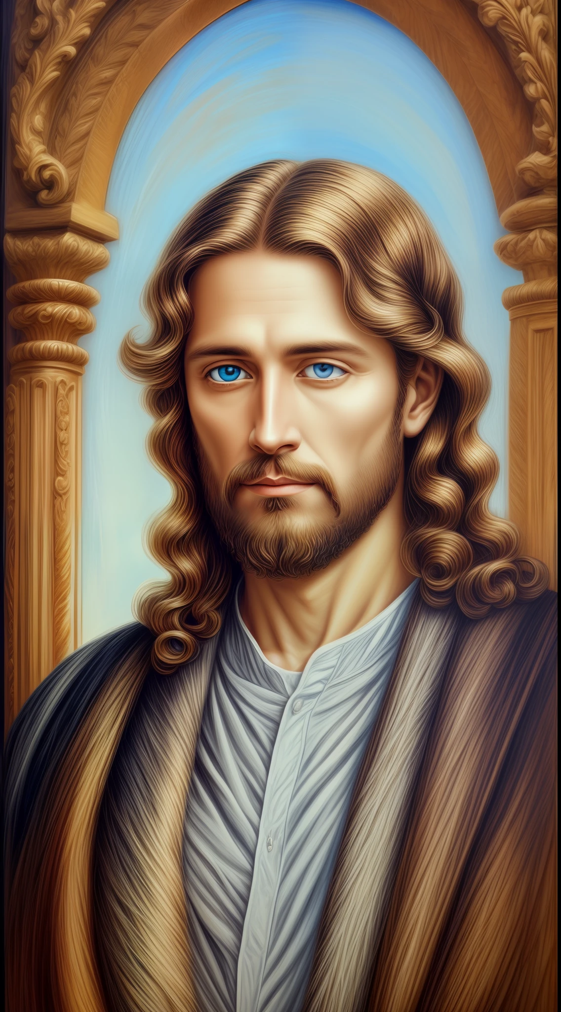 Portrait of a handsome man, Jesus Christ, real blue eyes, sunny day, intricate details.