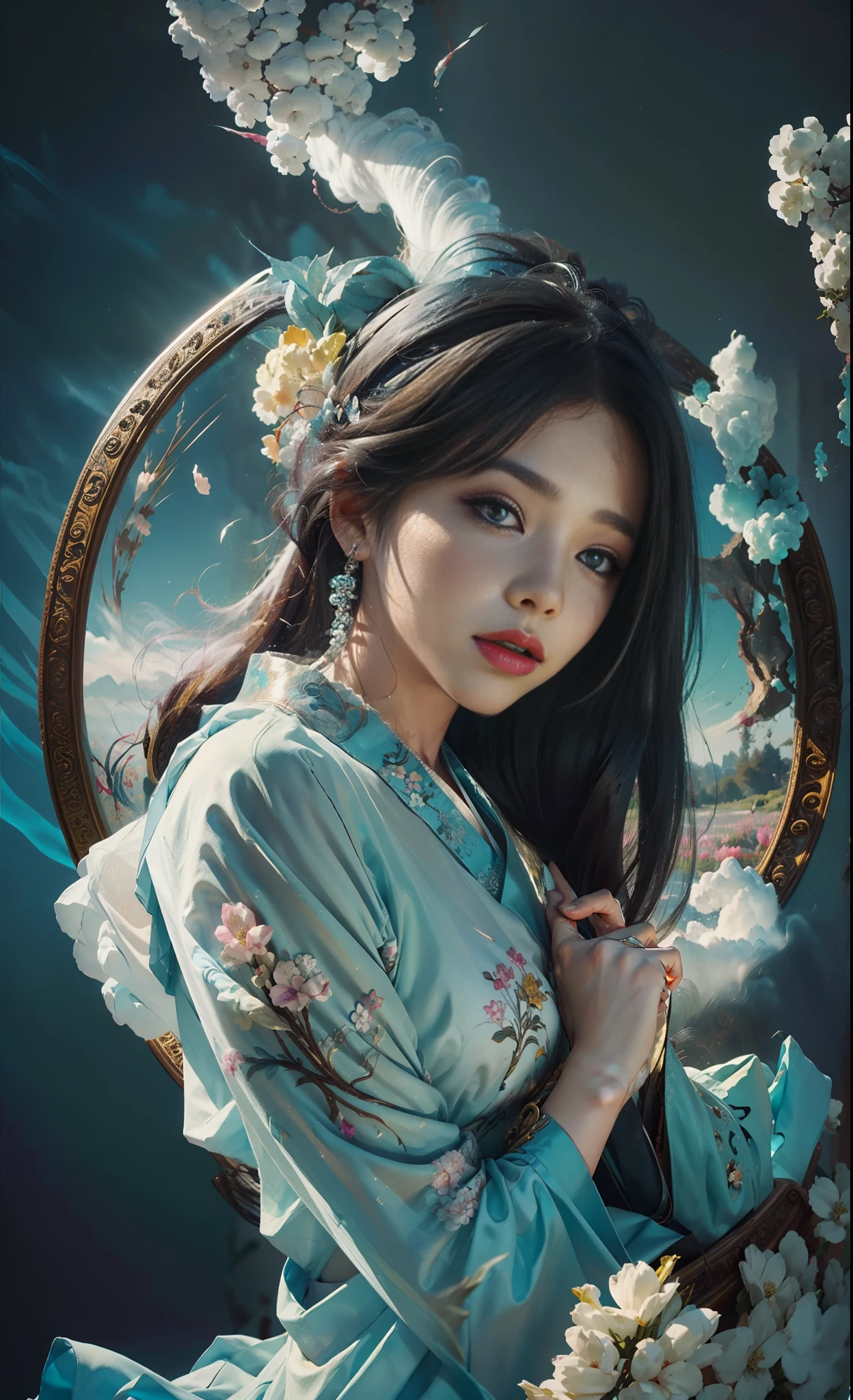 zhongfenghua, 1girl, (full body) solo, hanfu, flower field, blossom, (white smokes:1.3) (photorealistic:1.4), zentangle, mandala, entangle, official art, unity 8k wallpaper, ultra detailed, beautiful and aesthetic, masterpiece,best quality, (dynamic angle:1.4), glowing skin, (floating colorful sparkles:1) the most beautiful form of chaos, elegant, a brutalist designed, vivid colours, romanticism depth of field,