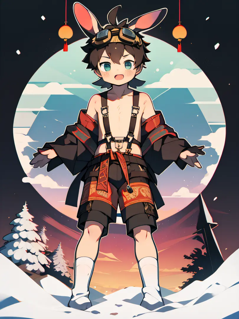 Two-dimensional cartoon boy Shota Shota, full body photo, goggles, cute, leg rings, white socks, rabbit ears, Chinese style clot...