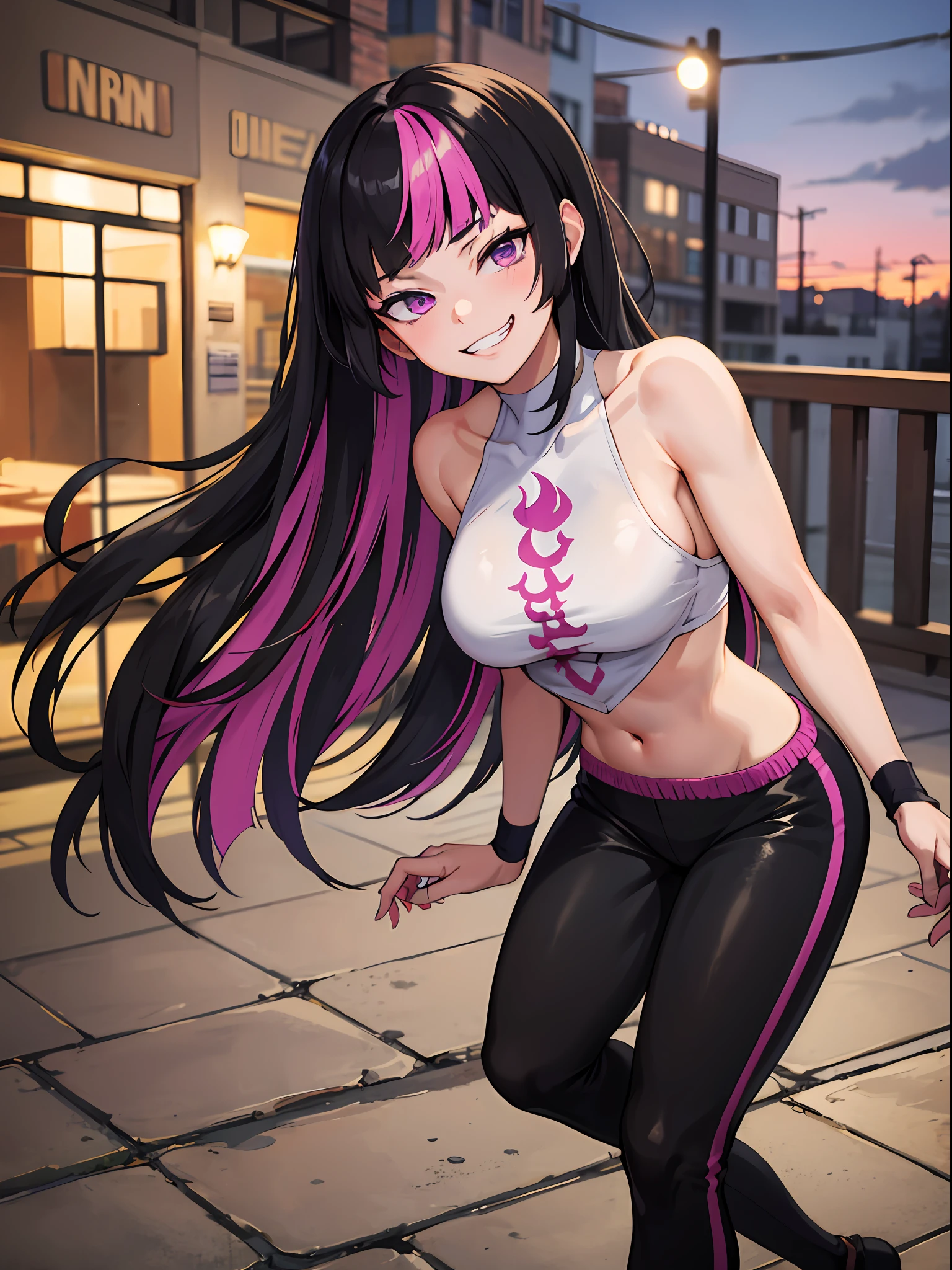 masterpiece, best quality, highres, thrjuri, multicolored hair, purple eyes, black pants, evil grin, outdoors,