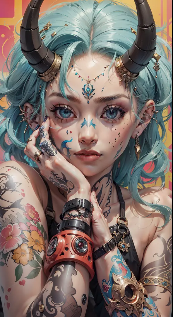 (Very detailed 8K wallpapers) ,a woman with tattoos and piercings on her face and arms, with a demon head on her forehead, Artge...