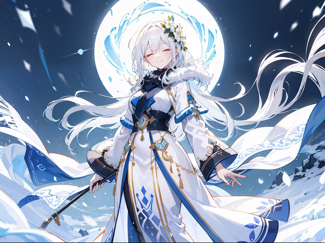 "Epic morning atmosphere, stunning 4k artwork featuring a mature woman with confident long white flowery white hair and closed two eyes and cute smile, she wears a modern white snow clothes with fur syal and standing on snow, her hair full flowery white fl...