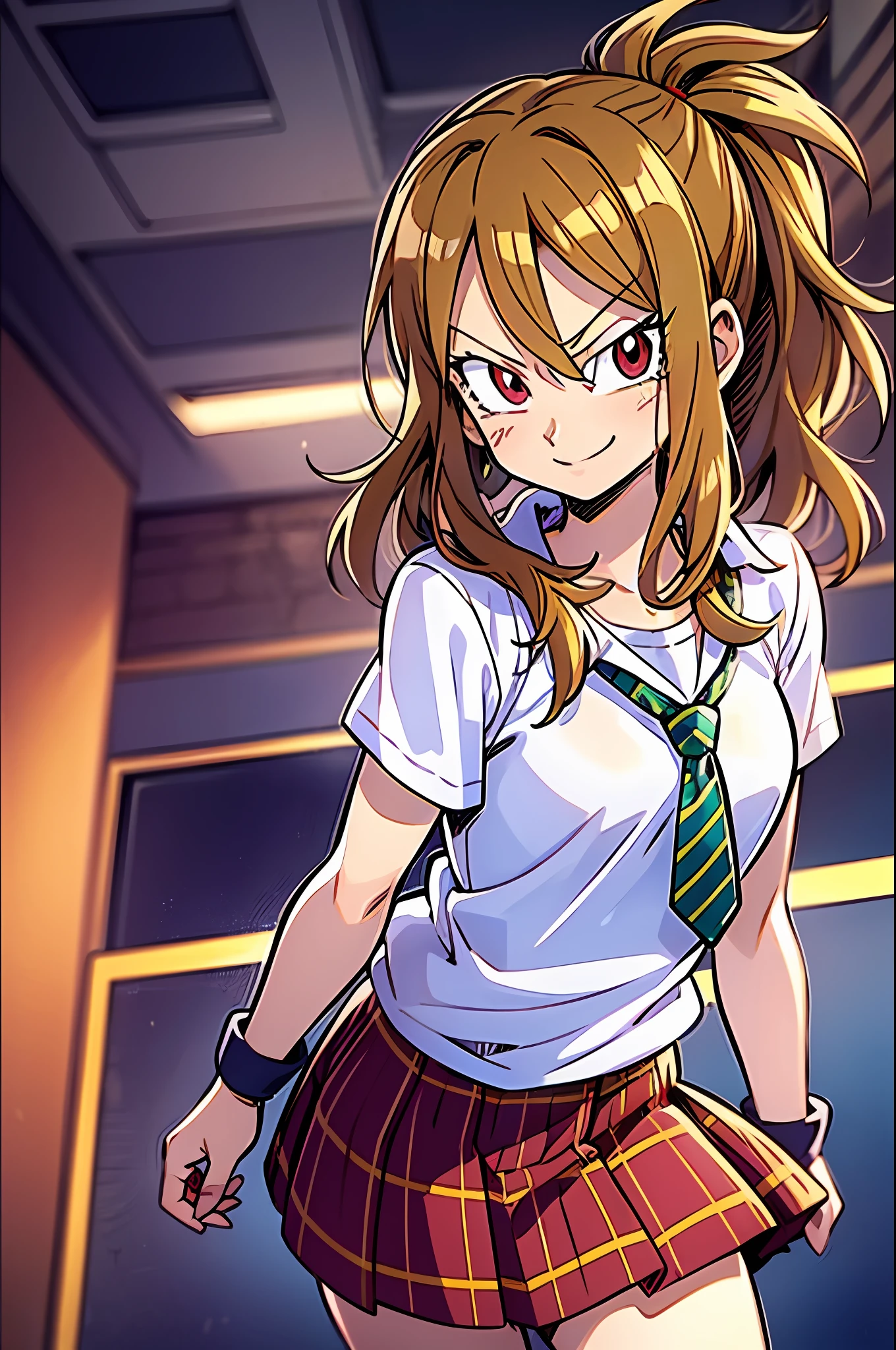 light smile, schoolgirl attire, white blouse with yellow jacket, green striped tie, red plaid skirt, red eyes and red hair in a twin ponytail, (style of dragon ball z and fairy tail anime), (illustrated by Akira Toriyama and Hiro Mashima), (style mixing), Lucy Heartfilia, Android18