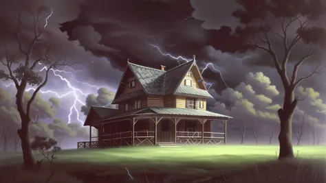 sinistro, escuro, a house at night, campo, preto, vermelho, congelado, frio, gelado, sinistro, horror, assustador, (lightning), ...