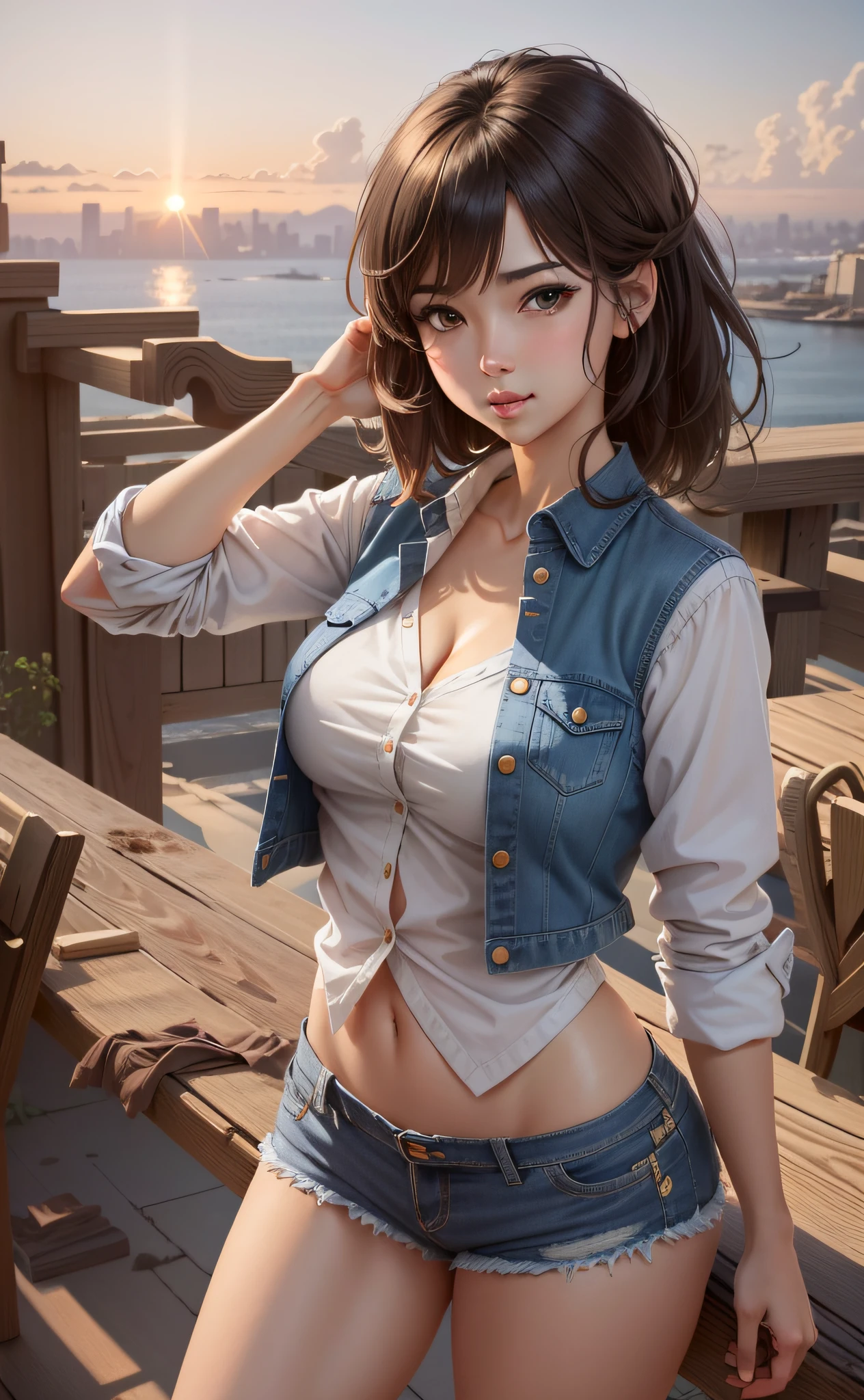 A woman in a denim vest and shorts posing on a deck - SeaArt AI