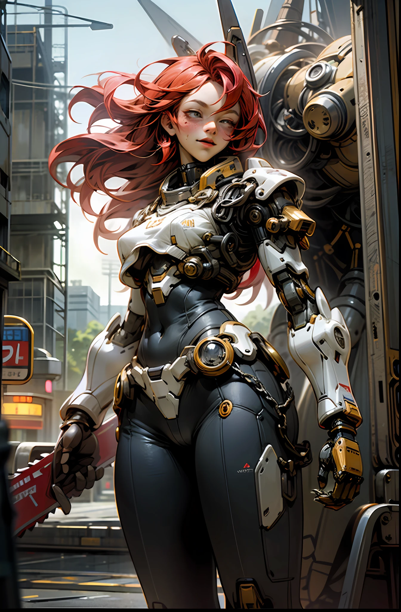 Anime - style woman with red hair and armor standing in front of a ...