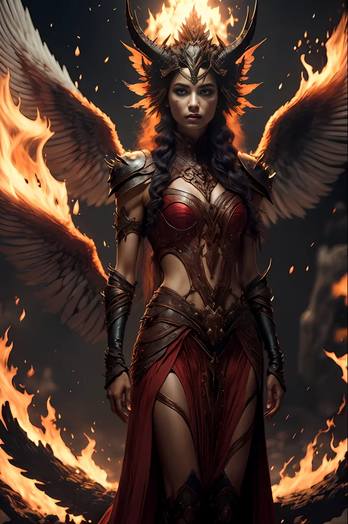 Por favor, crie uma imagem realista de Lilith como uma deusa, com asas pretas, cabelos escuros e olhos pretos. The horns must be...