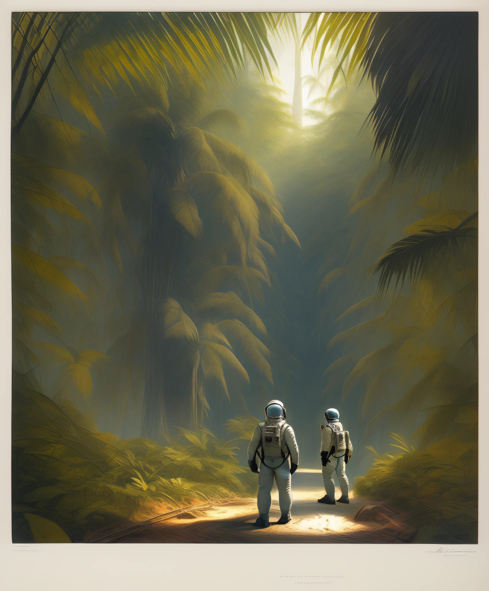 "Astronaute dans une jungle" par Syd Mead, palette de couleurs froides, couleurs sourdes, détaillé, 8k, détail élevé, éclairage de jante, éclairage bicolore, faiblement éclairé, discret