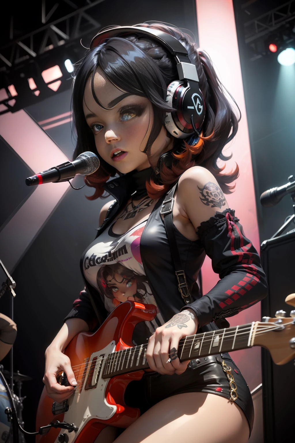 16k Ultra HD Vivid Colors Masterpiece Ultra Resolution Cinematic Digital Art, Chibi Style, A 20 Year Old Big Head Girl, Big Black Eyes, Black Hair, Light Brown Eyes, Rock Clothes, Tattoo on Her Arm, Standing Playing Colorful Electric Guitar, Effect Out of Guitar, She's on top of a stage, with gamer headphones. Vivid colors, vibrant colors, spicy colors, cinematic RAW light best ultra HD quality.