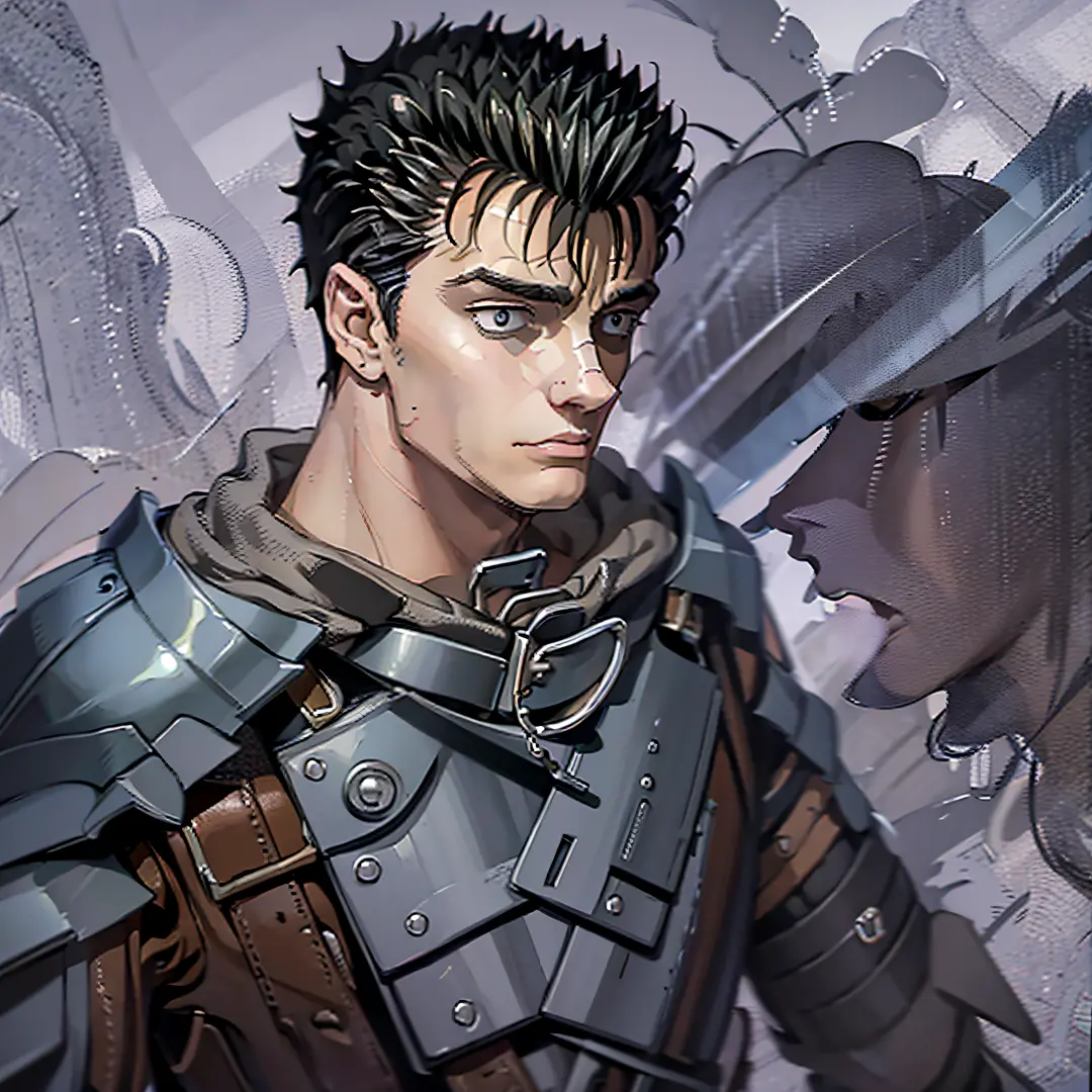 retrato de \(guts de berserk\), Obra maestra, La mejor calidad, One Boy, cabello negro, pelo corto, musculatura, Cicatrices, Ver...