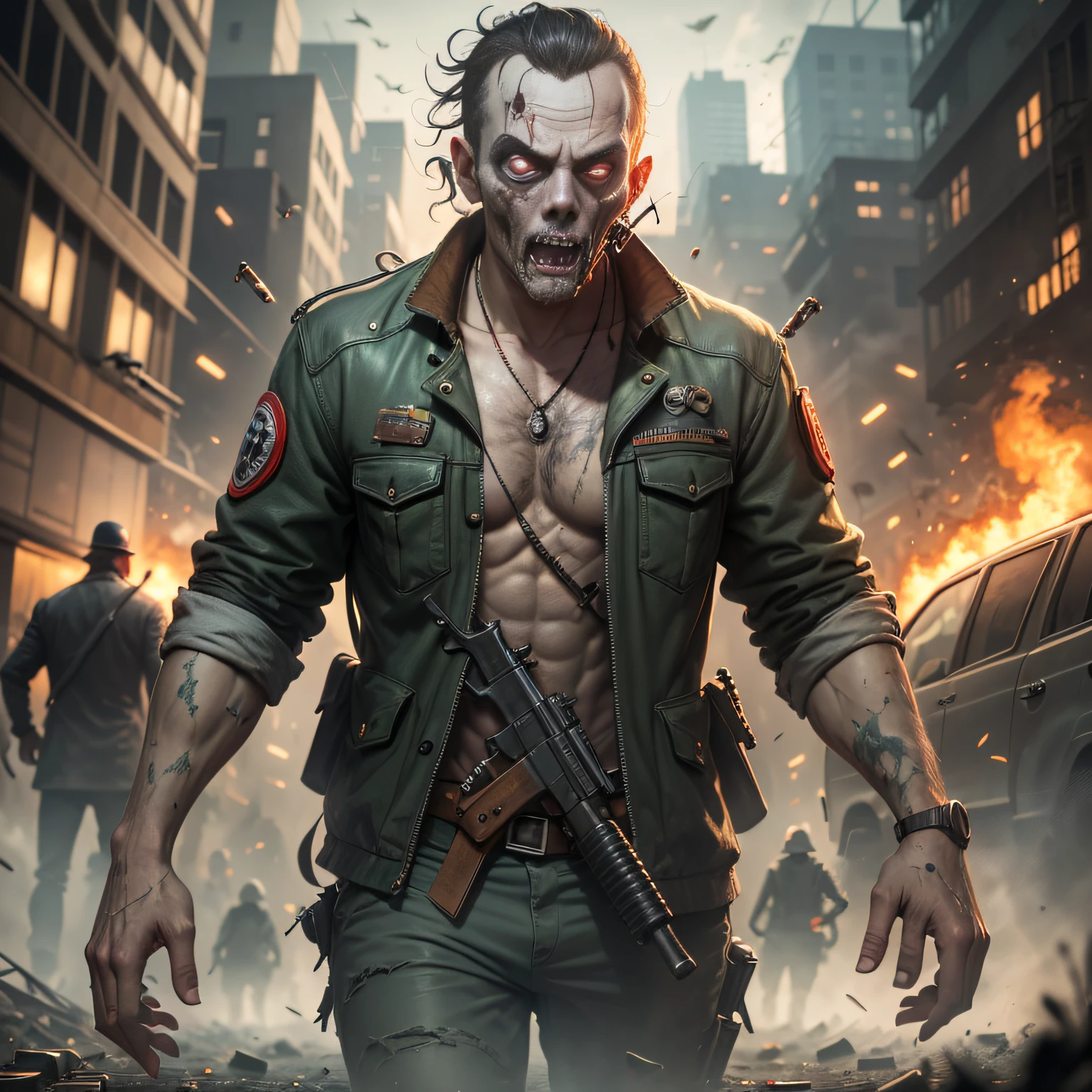 Zombies, decay, apocalyptic style, horror, a lot of bullet casings on the ground, a group of zombies behind, a burning city, oppression, HD, 4K, GTAV a lot of details