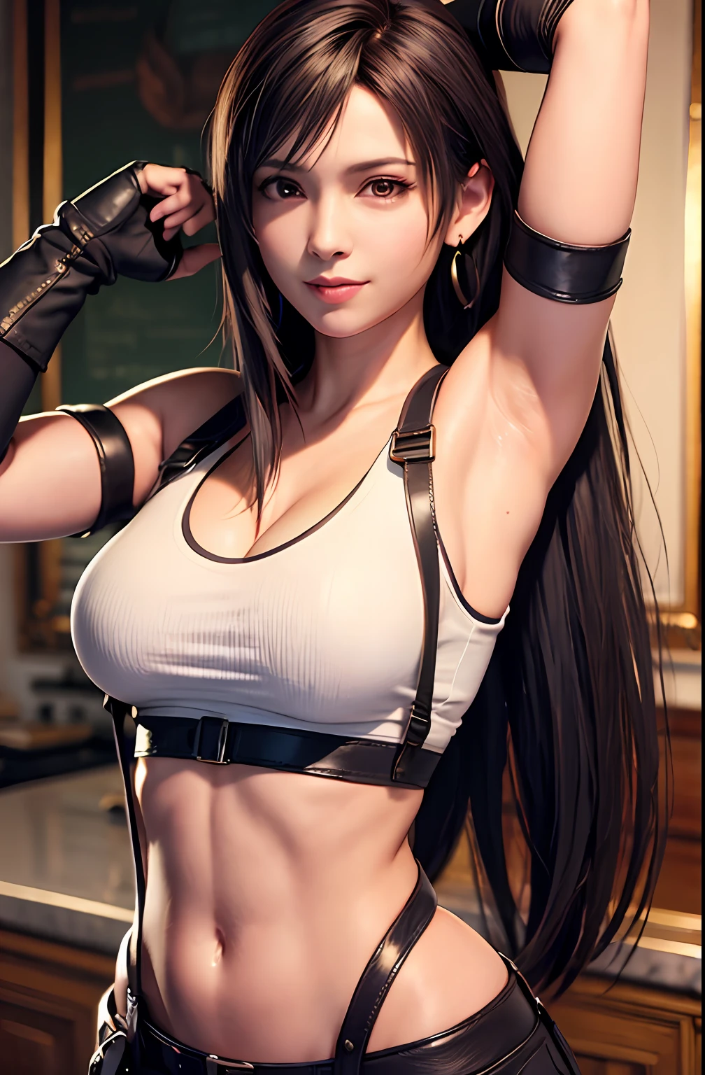 ff7r style, 
tifa lockhart, 1girl, thick lips, arm up, armpits, artist name, belt, black hair, breasts, red eyes, cleavage, closed mouth, collarbone, cowboy shot, crop top, earrings, elbow gloves, elbow pads, gloves, jewelry, large breasts, lips, long hair, low-tied long hair, midriff, navel,   indoors, skirt, smile, solo, stomach, suspenders, tank top, upper body, ((masterpiece))