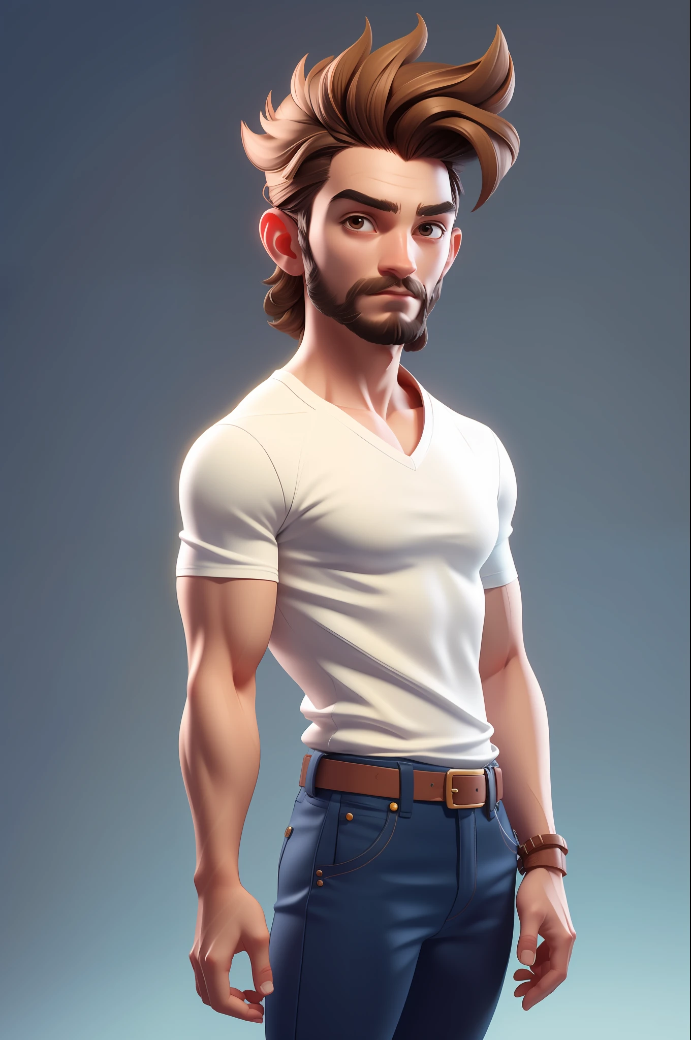 3dcharacter, (1man, age 28, masculine: 1.2), eyes browns , thick red beard, russet hair, V-Neck Top, (fully body: 1.2), simple background, Masterpiece artwork, best qualityer, (light brown gradient background: 1.1)