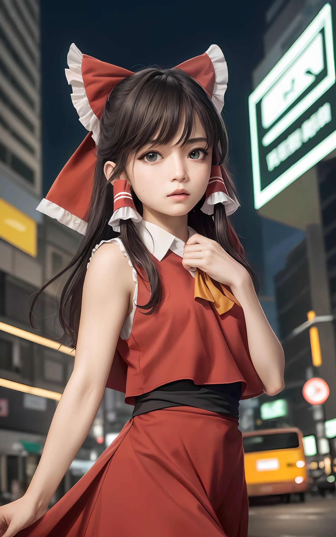 (masterpiece, best quality, ultra-detailed, highres:1.2), cinematic, cgi, photorealistic, 
1girl, pretty, idol, (Hakurei Reimu:1.25), blush, natural skin texture, brown eyes, 
intricate eyes, heavy eye makeup, posture, fighting, danmaku, magic, stylish clothes, dress, 
highly detailed background, cyberpunk, city, street, night, stars, modern, futuristic, neon lights,