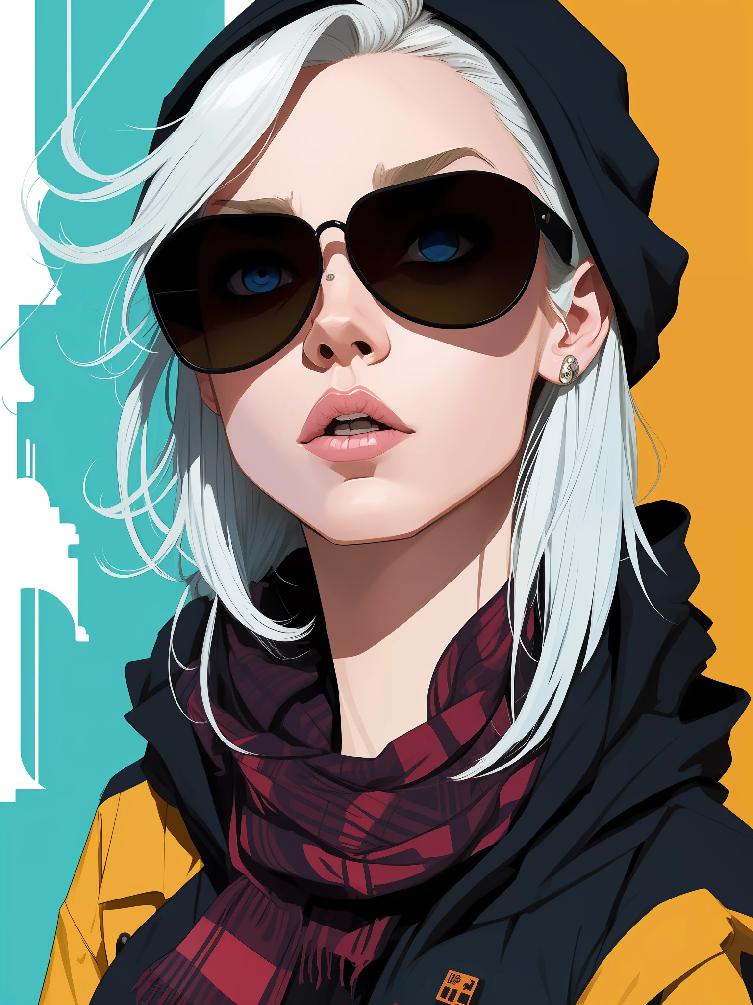 highly detailed portrait of a sewer emo punk woman student, blue eyes, sunglasses, tartan scarf, white hair by atey ghailan, by greg rutkowski, by greg tocchini, by james gilleard, by joe fenton, by kaethe butcher, gradient yellow, black, brown and magenta color scheme, grunge aesthetic!!! graffiti tag wall background