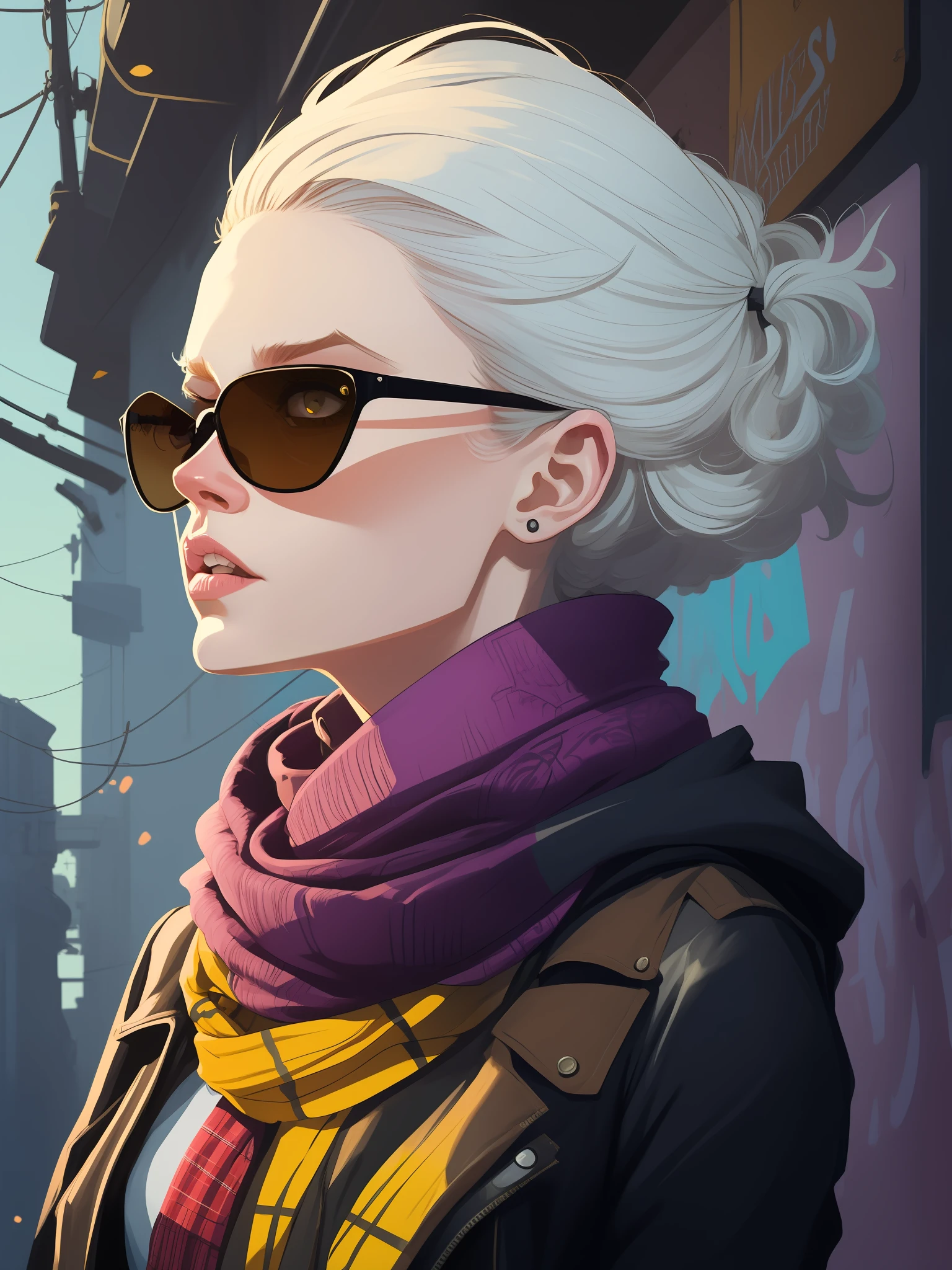 portrait très détaillé d&#39;une étudiante punk emo des égouts, yeux bleus, lunettes de soleil, écharpe tartane, cheveux blancs par Atey Ghailan, par Greg Rutkowski, par Greg Tocchini, par James Gillard, par Joe Fenton, par Kaethe boucher, jaune dégradé, noir, schéma de couleurs marron et magenta, esthétique grunge!!! fond de mur de tag graffiti