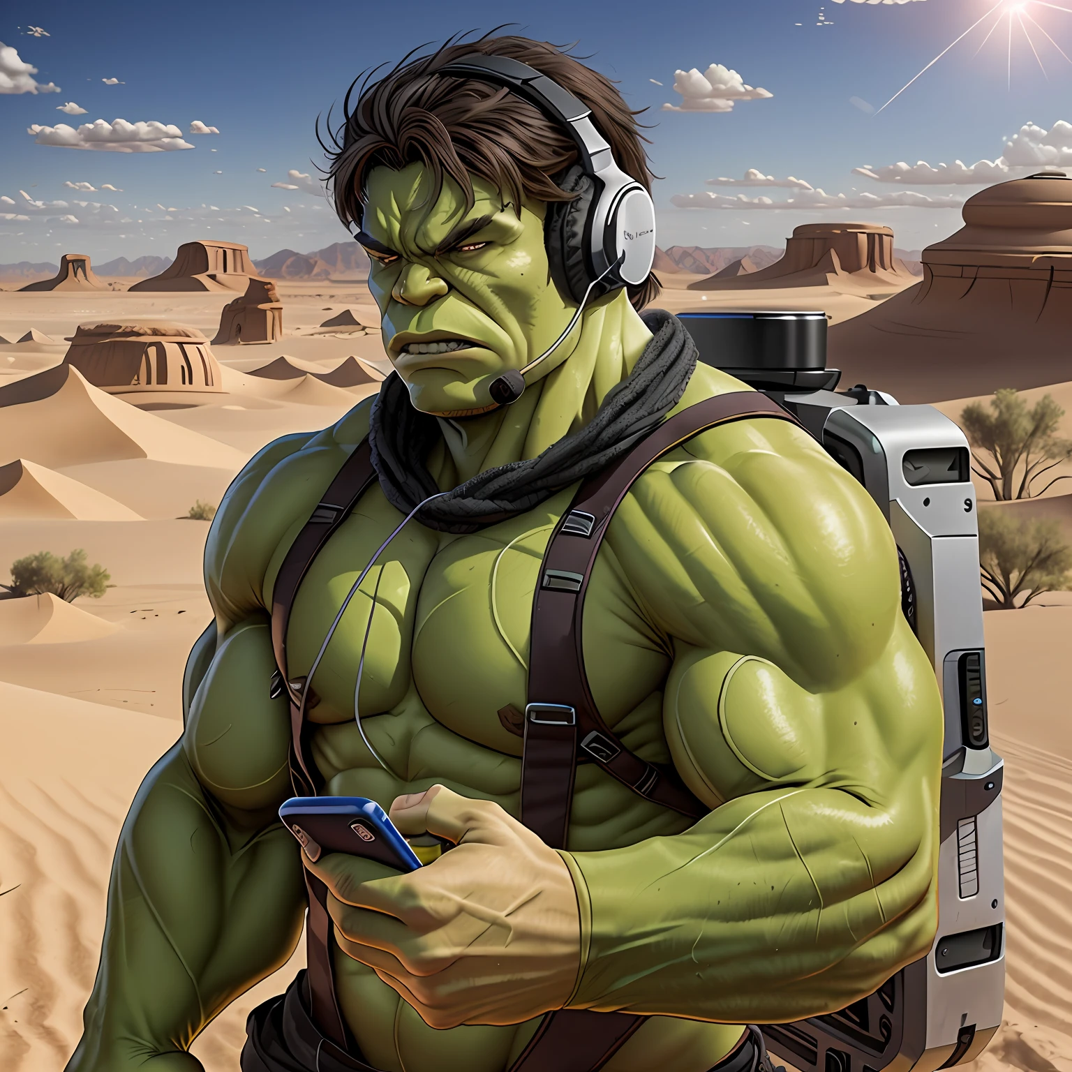 Hulk in the middle of the desert holding a cell phone, with wireless headset, black, --auto --s2