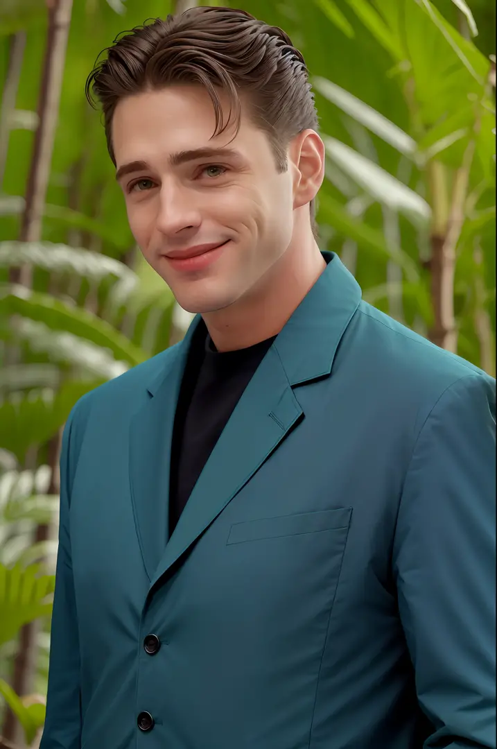 a man in a stunning teal suit, in a jungle paradise, perfect day, close up, clean shaven, [smiling], raw, 8k uhd