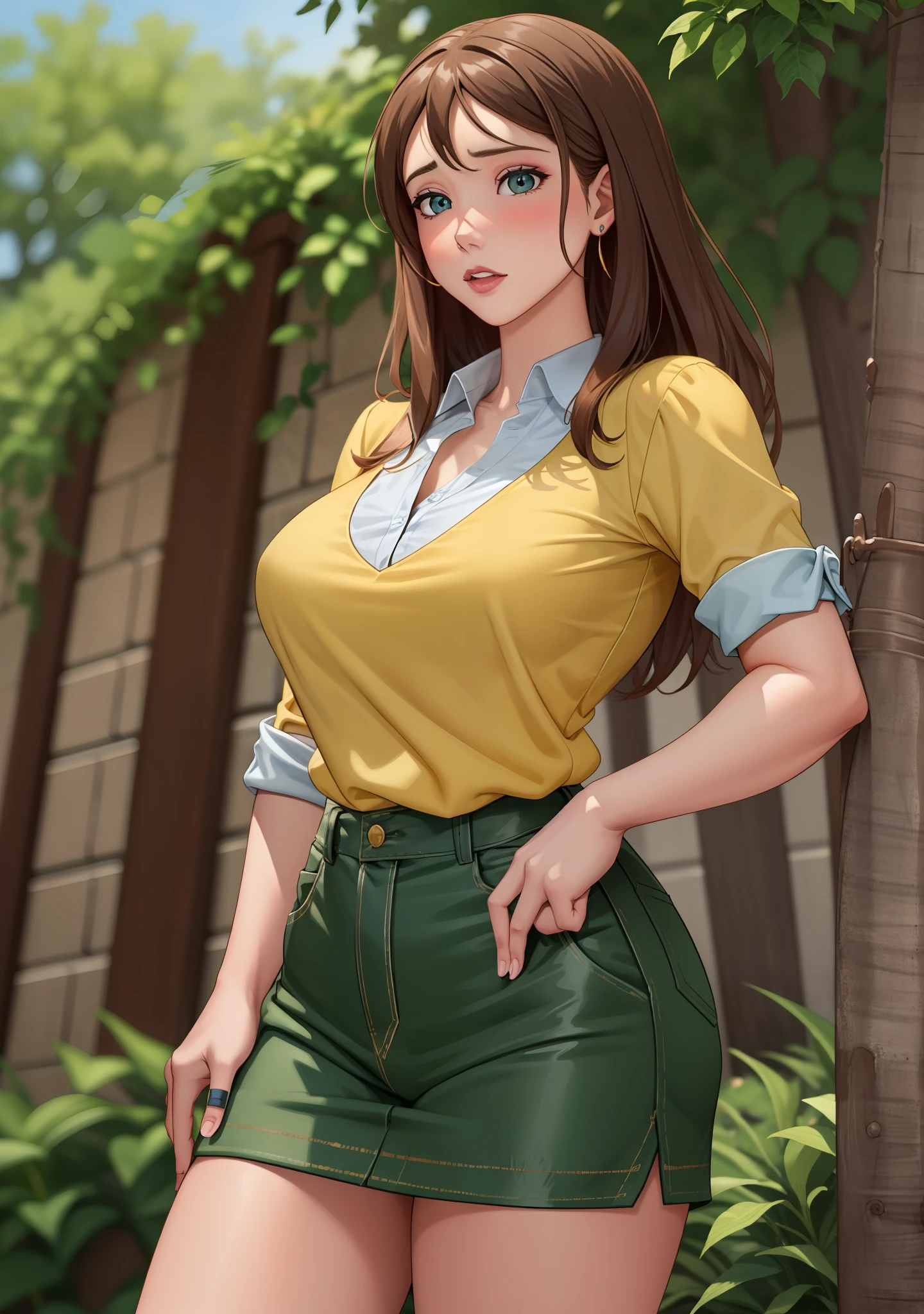 Jane Porter, Masterpiece artwork, best qualityer, high qualiy, surprise pose, fly away, standing backwards, gazing at viewer, Frightened Face, thick-thighs, yellow blouse yellow micro skirt, fully body, panties appearing