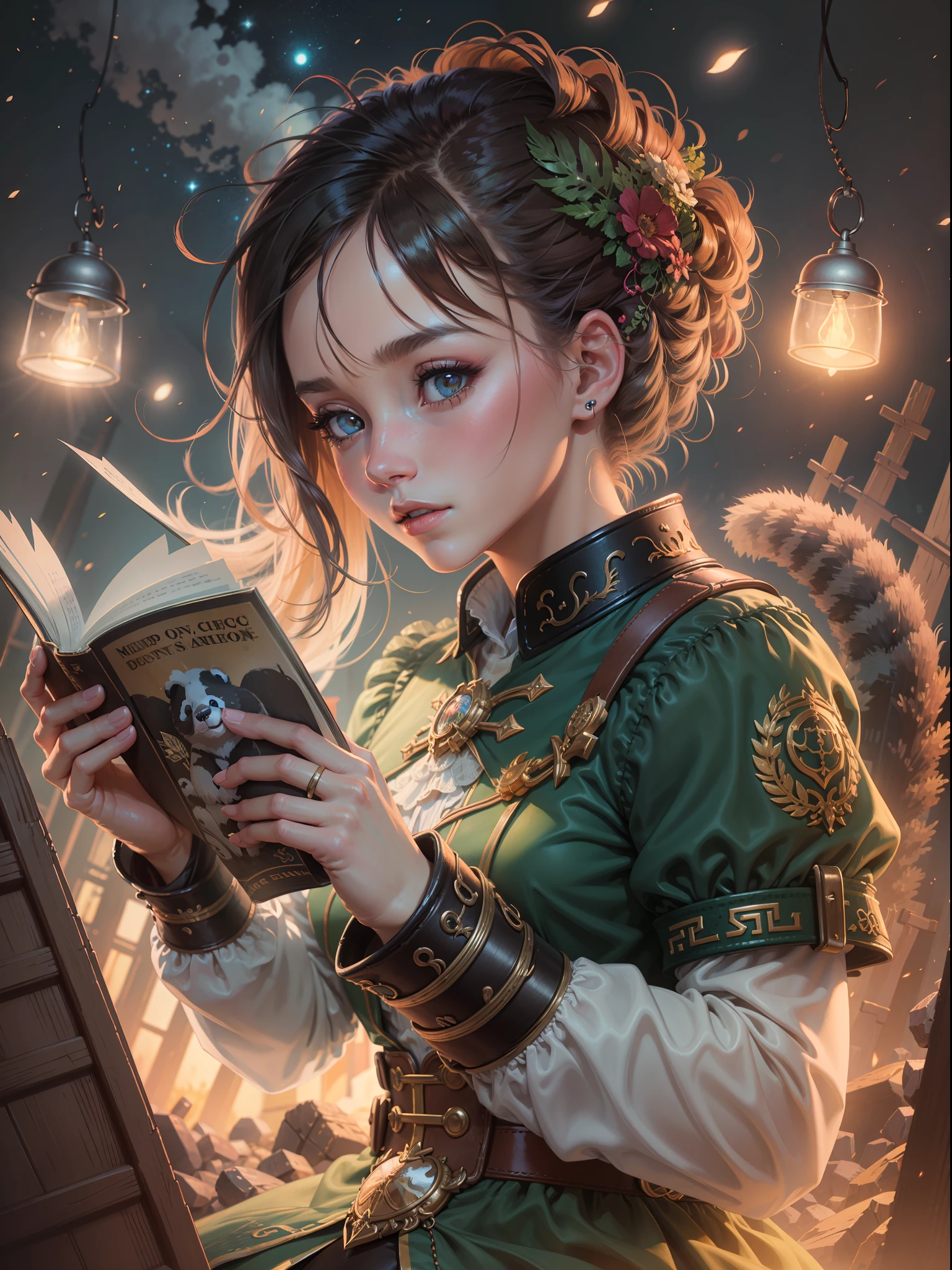 （（（The girl rides on the shoulder of a giant panda reading a magic book））），（（Girl close-up strengthened）），（（（ultra fine））），Night，Moonlight sprinkled on the girl's face，Shoot at 8K resolution，Gasoline liquid，，Lithography in intricate details，dongh（Light particles：1.2），（game concept：1.3），（deep of field:1.3)，Global illumination，well detailed，Trends on ArtStation，Epic shooting，Cinematic lighting