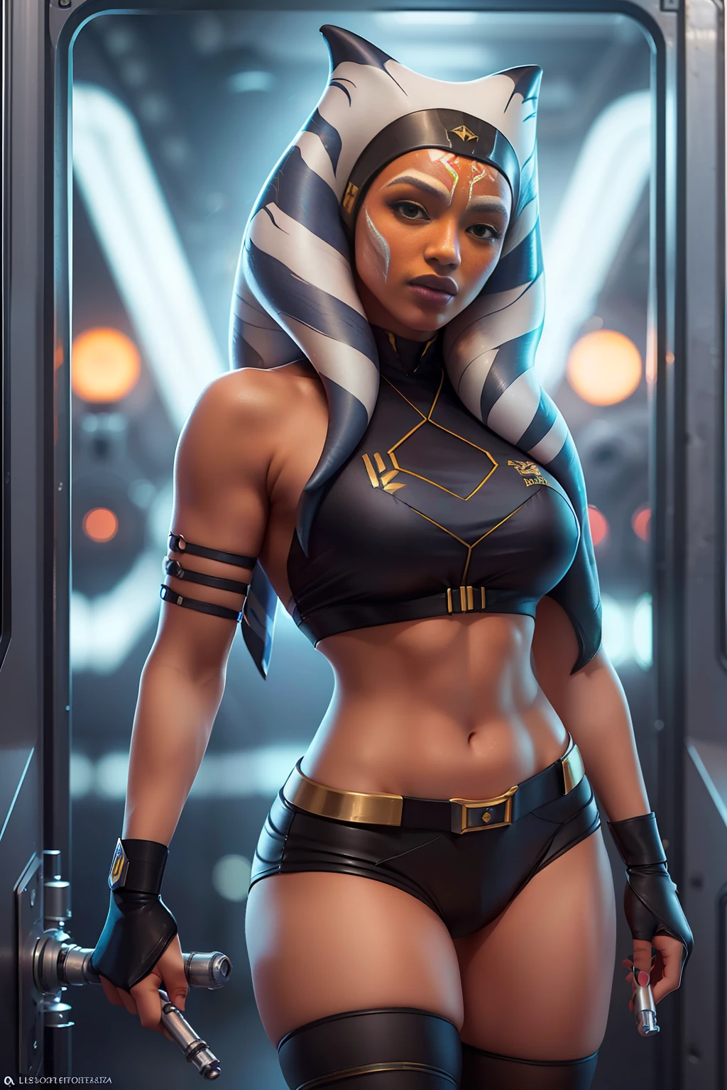 cinco ahsoka, (fotorrealista, Alta resolução: 1.4), ((olhos inchados)), olhando para o espectador, , corpo inteiro (8K, Fotos brutas, melhor qualidade, obra-prima: 1.2), (realista, realista: 1.37), (foco nitído: 1.2), Iluminação profissional, Mapeamento de fótons, radiosidade, renderização baseada em física, (pele laranja: 1.2), (seios pequenos: 1.2), olhando para o espectador, retrato, olhos azuis, (fundo dentro de espaçonave: 1.4),  somente, parte superior do corpo, realista, (obra-prima: 1.4), (melhor qualidade: 1.4), (pele brilhante), Sério (magro, boca fechada, focada: 1.3), (em pé: 1.1), busto médio, pose de luta,