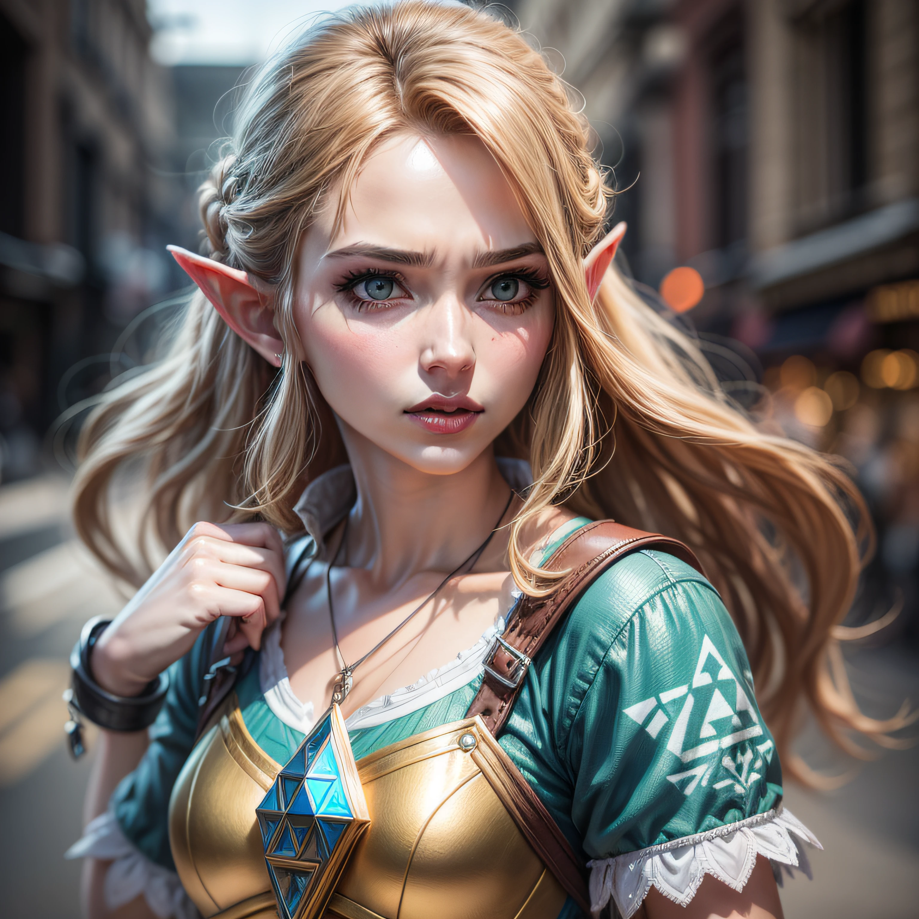 Mulher de cabelos loiros em roupa azul e bege segurando em poses de combate como em street fighter, Zelda, Retrato de Zelda, de lenda de Zelda, Link da lenda de Zelda, link do Zelda, foto cosplay, cosplay ornamentado, cosplay profissional, cosplay, cosplay completo, Artgerm Moody Fotografia, Princesa Zelda, Zelda com Triforce, Hyrule, Anime Garota cosplay, traçado de raio, rastreamento de raios, traçado por raio, 4K, Renderização 3D, extremanente detalhado, alta qualidade, Luz e sombra realistas,