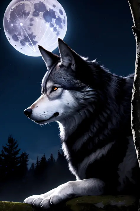 (Masterpiece detailed high image quality) "Black color with blue eyes" wolf dangerous forest, midnight, full moon. 1 solo lobe. ( Front angle of image)