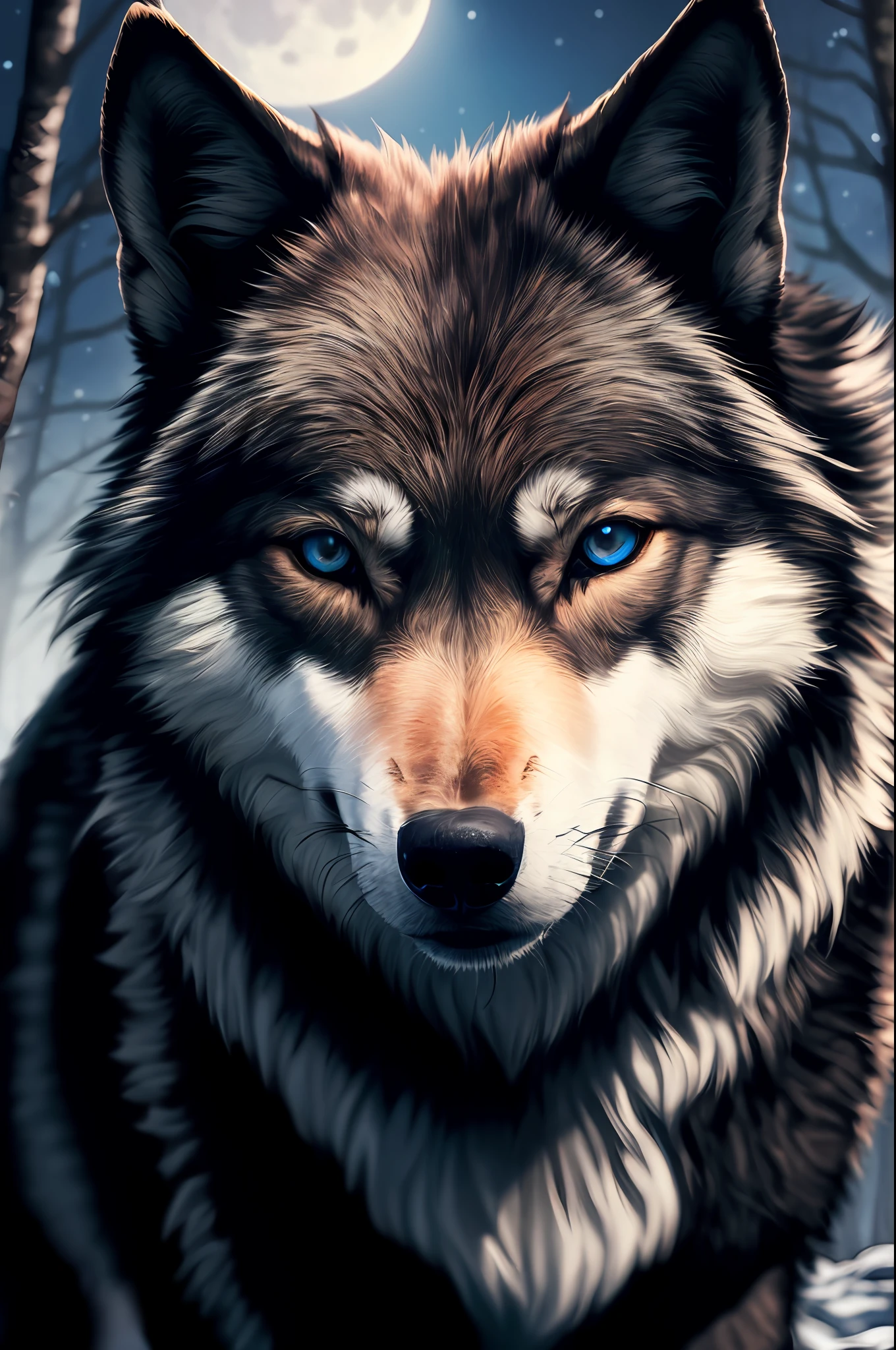 (Masterpiece detailed high image quality) "Black color with blue eyes" wolf dangerous forest, midnight, full moon. 1 solo lobe. ( Front angle of image)