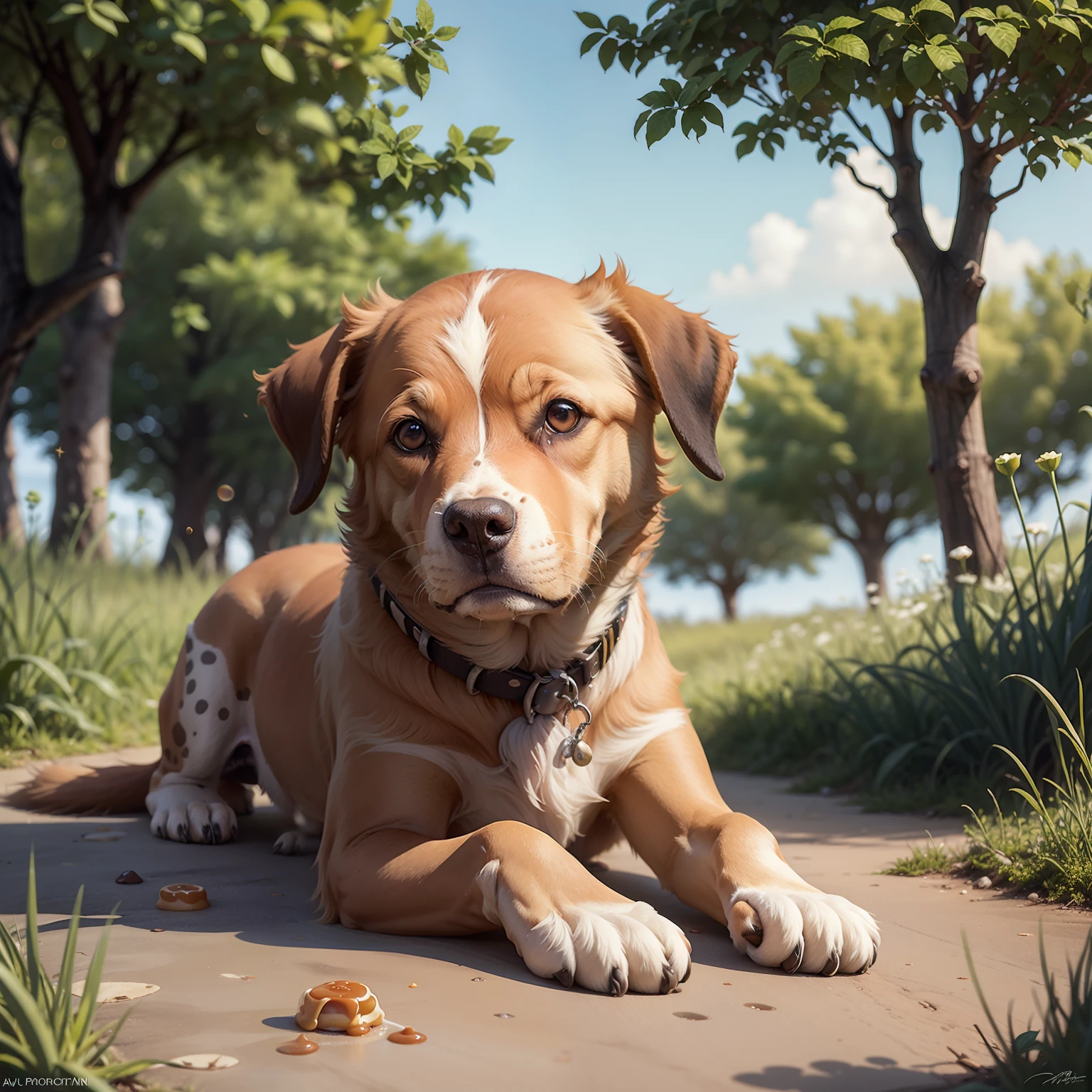 streunender Hund, in einem weißen Park mit Karamellflecken mit einem traurigen Blick mehr mit einem Blick der Hoffnung, mit verschiedenen visuellen Details und Cartoon-Stil --auto
